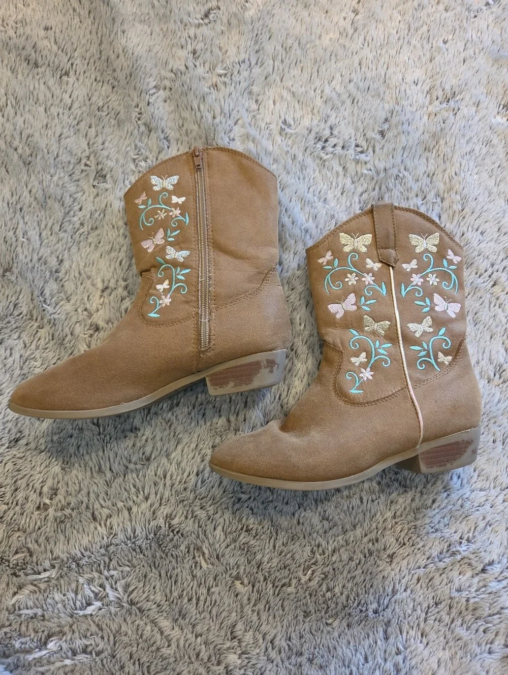 Girls Magellan Tan Suede Embroidered Western Boots with Floral Butterflies